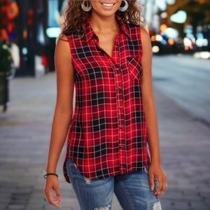 Plaid Sleeveless Button up w Open Back and Lace Detail